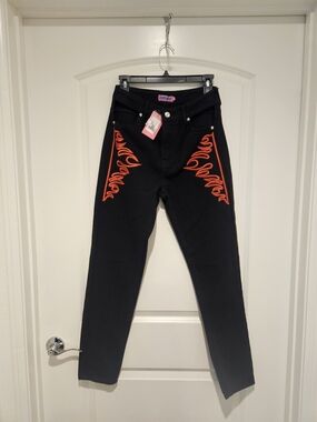 Edikted Black Skinny Jeans with Orange Side Embroidery #907